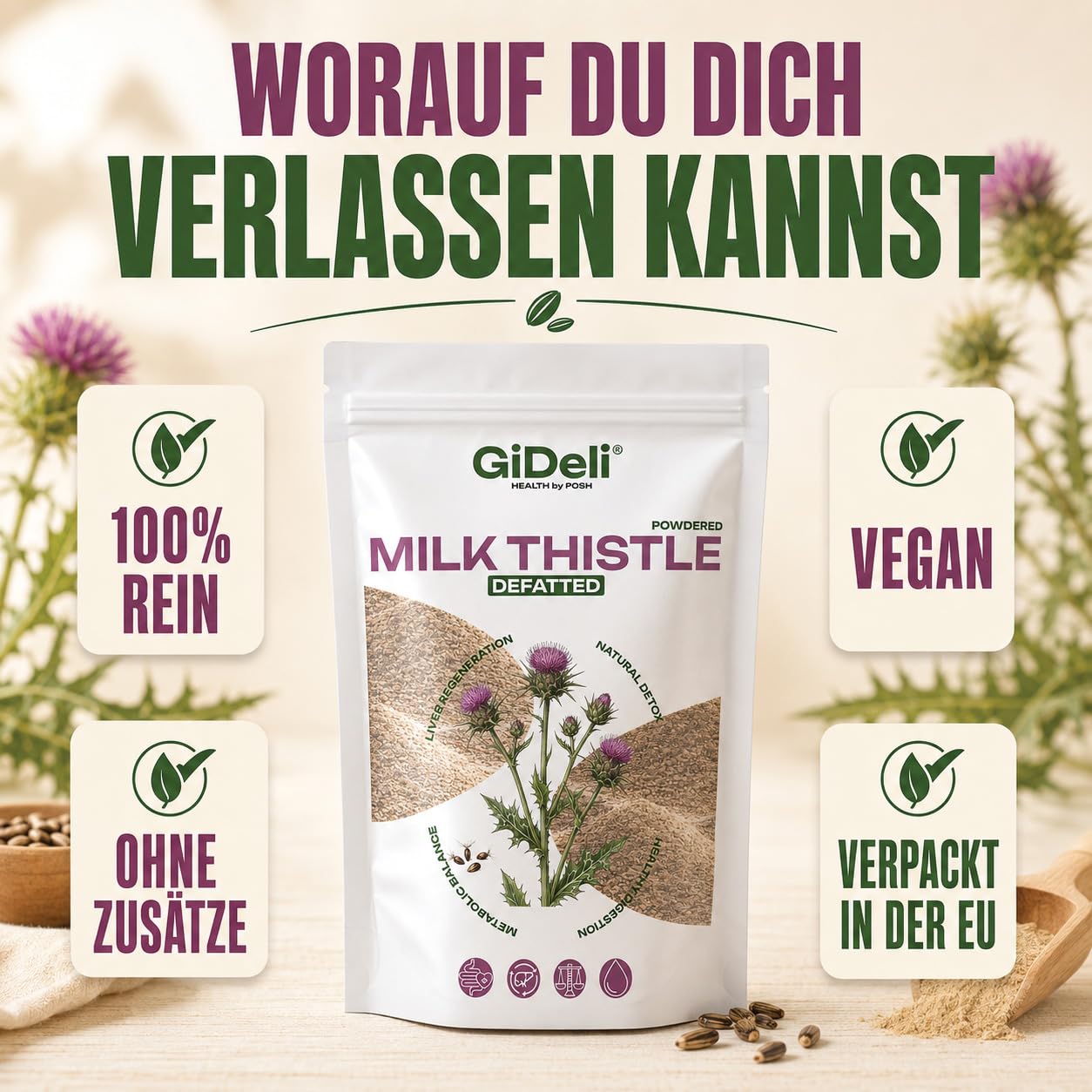 GiDeli Cardo mariano macinato, 5 kg, polvere pura al 100% senza additivi, per la dieta quotidiana, contenuto naturale di silymarina, ideale per yogurt, cereali, frullati e insalate, origine