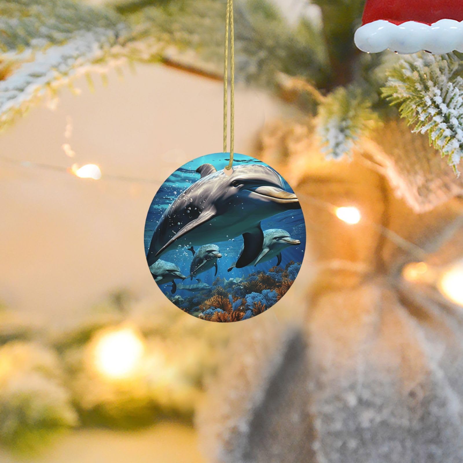 Christmas Ornaments for Christmas Tree Decoration Ceramic Hanging Dolphins Ornament with Gold Ribbon Crafts Round Pendant for Keepsake Gifts Glass Xmas Decor Party Supplies