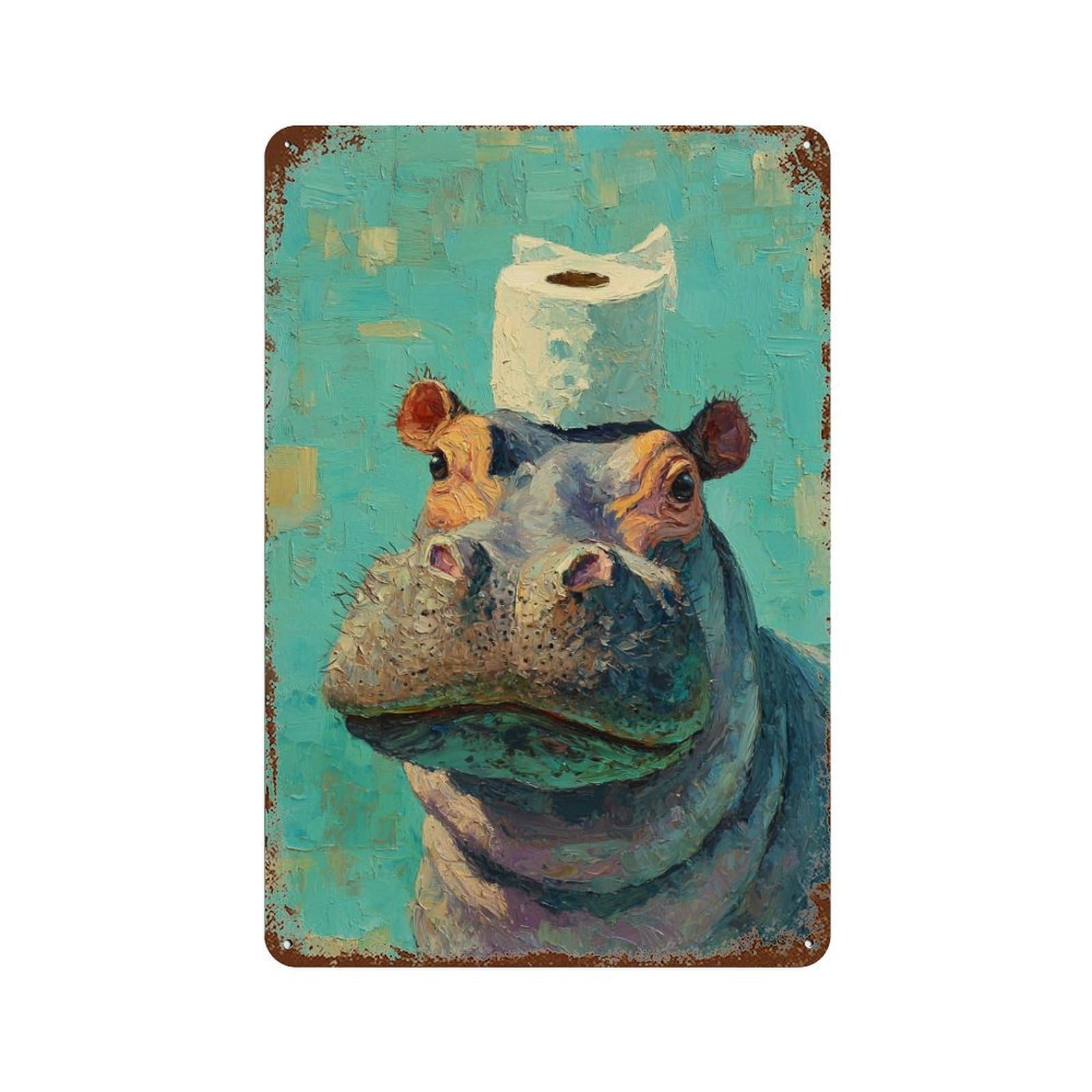 Hippopotamus with Toilet Paper-5 Decorative Tin Sign 11.8"x7.9", Vintage Wall Decor for Basement, Hobby Room And Garage Decor