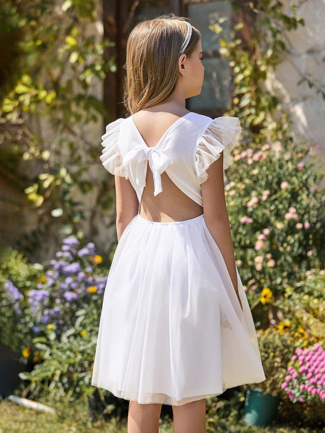 Haloumoning Girls Tulle Dress Kids Summer Backless Flower Girl Dress for Birthday Party 5-14Y