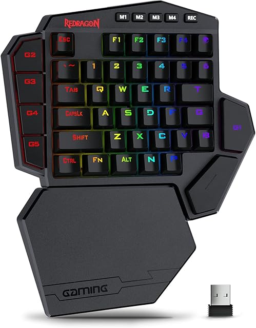 Redragon K585 DITI Wireless One-Handed Mechanical Keyboard, 42 Keys 2.4Ghz RGB 40% Gaming Keypad with 7 Onboard Macro Keys, Detachable Wrist Support, 3000 mAh Battery (Brown Switch)