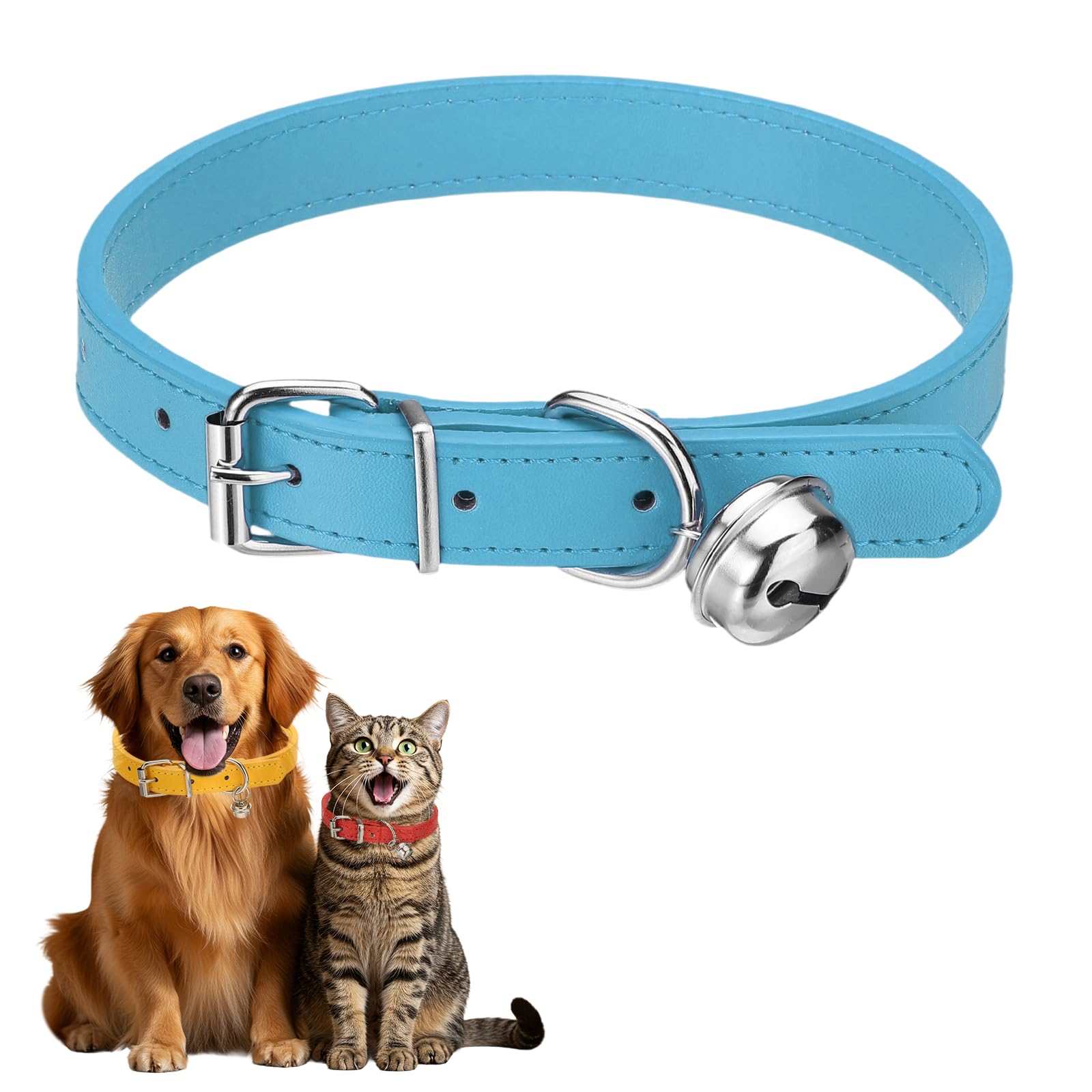 sourcing map Dog Collar with Bell, Pu Leather Cat Collars Pet Basic Soft Padded Adjustable Buckle, 20" (Blue, 1 Pcs), Intended for Teacup/Little Dog/Kitten Cats/Small Animals