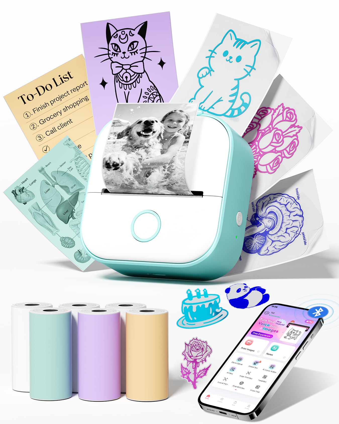 Mini Stampante Portatile, T02 Termo Stampante Mini Bluetooth per Telefono | Stampante Termica Portatile con 6 Rotolo di Carta, Mini Printer per Foto, Appunti, Diari, DIY, Memo, Regalo (Verde)
