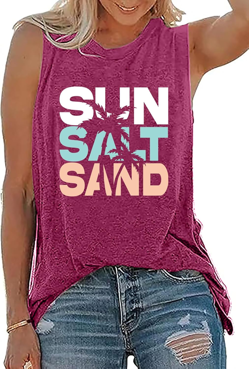 Sun Salt Sand Beach Tank Top for Women Funny Vacation Loose Fit Summer Graphic Vest - Image 2