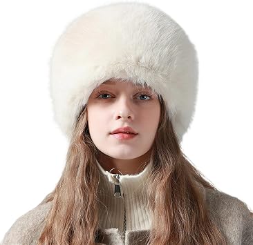 Womens Russian Cossack Hat Faux Fur Furry Winter Trapper Hat Plush Warm Cap Beige