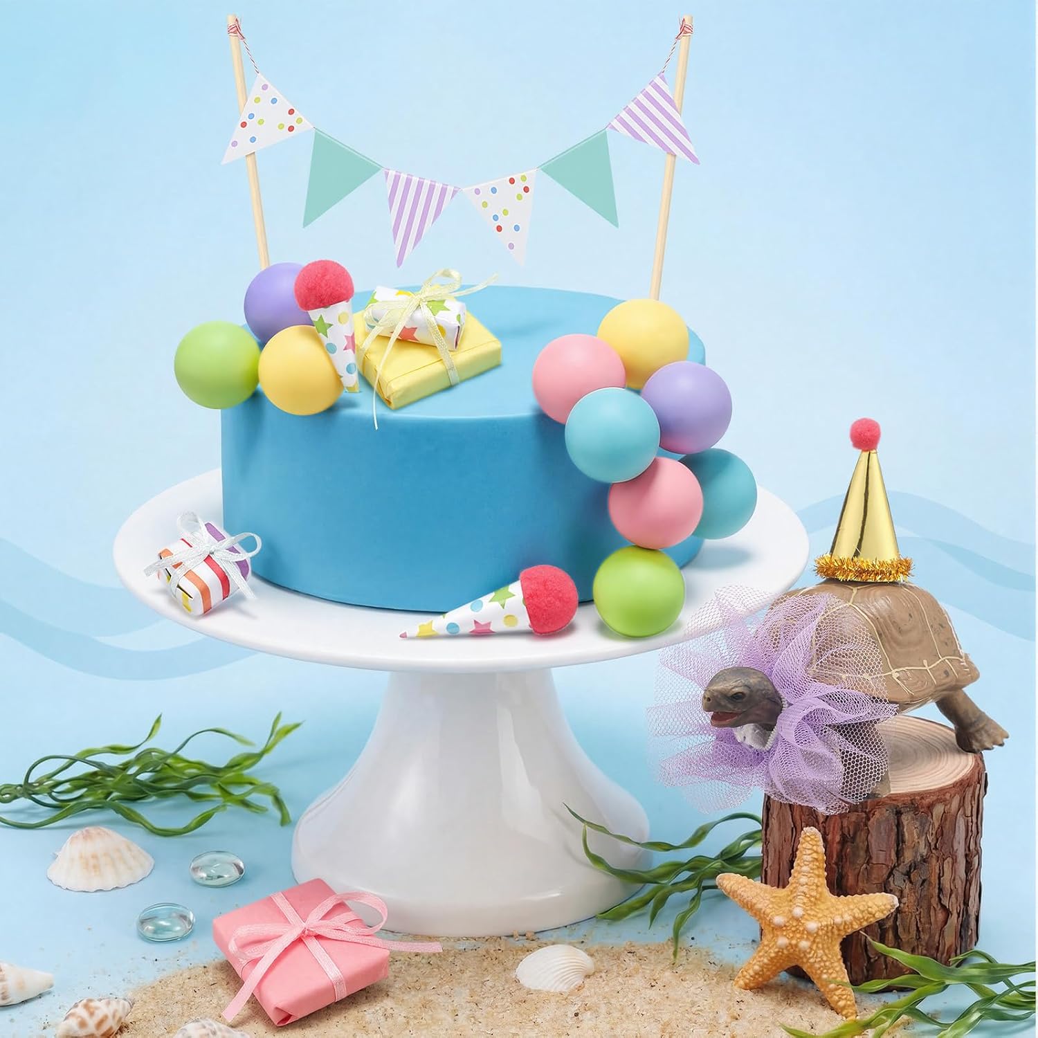 Weysat 19 Pcs Turtle Cake Toppers Decorations Set Mini Birthday Hat Skirt Triangle Flag Banner Decor Balls and Ice Cream Cone Cake Topper for Sea Theme Birthday Gender Reveal Party Decorations