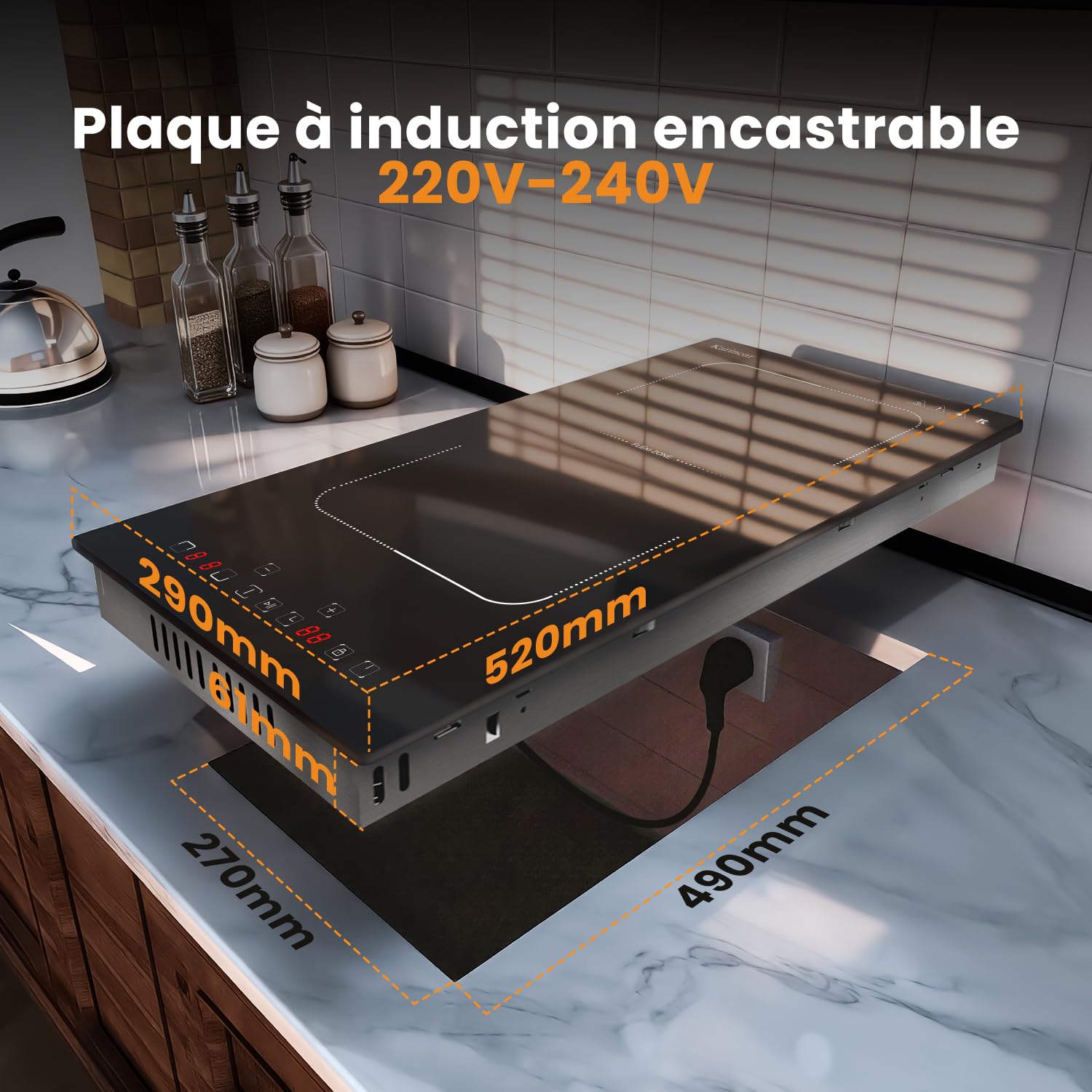 Karinear Plaque à Induction 2 Feux avec Prise, Table de Cuisson Induction Encastrable 30CM avec Zone Flexible, Commande Tactile, Minuteur, Fonction Pause, Verrouillage de Sécurité, 3500W, 220V