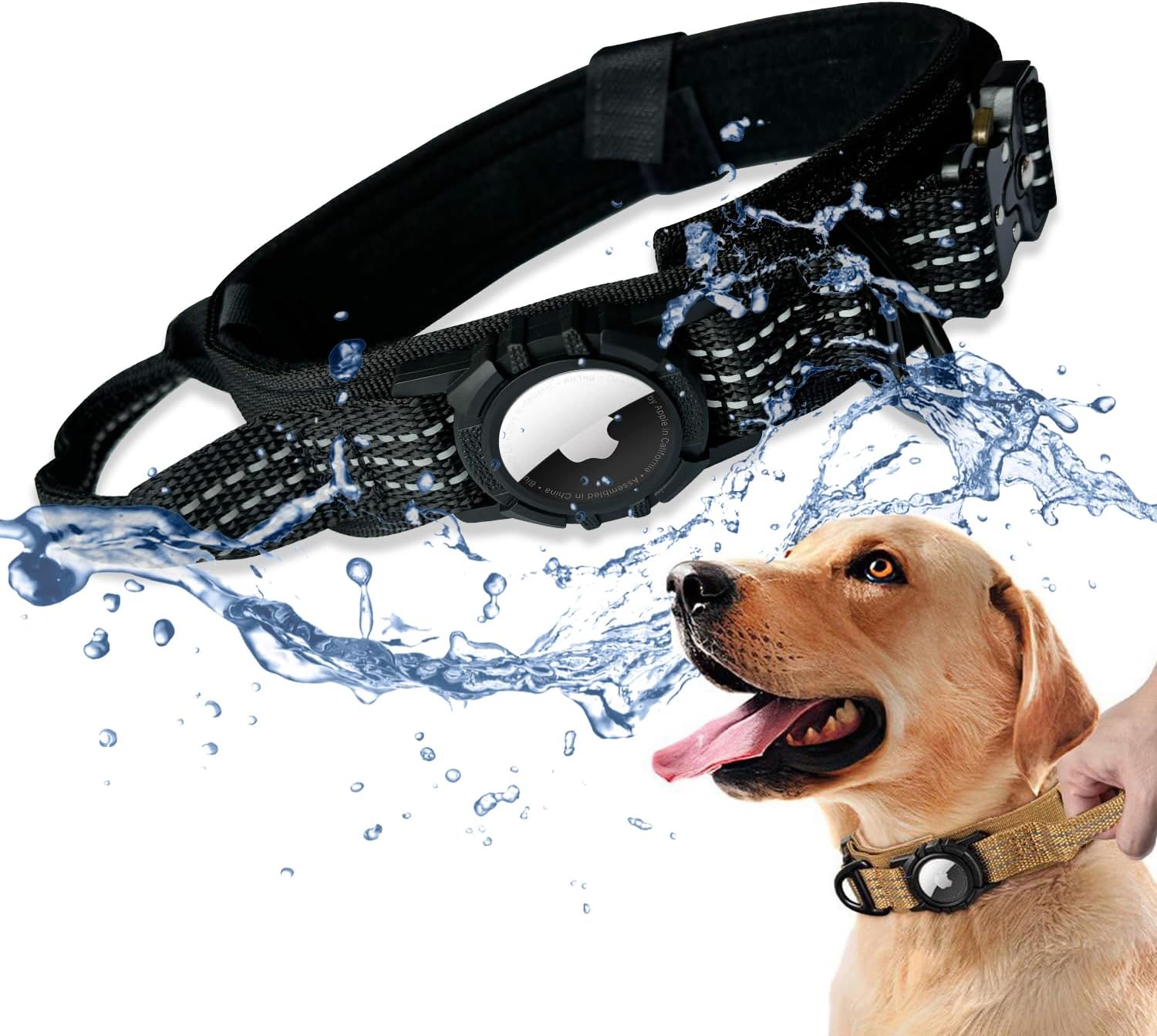 Techniques Canine Collar with Airtag Holder, Airtag Canine Collar, Waterproof Adjustable Canine Collar for Climbing, Tenting, Double Locking with Steel Carabiner (Black, XL)