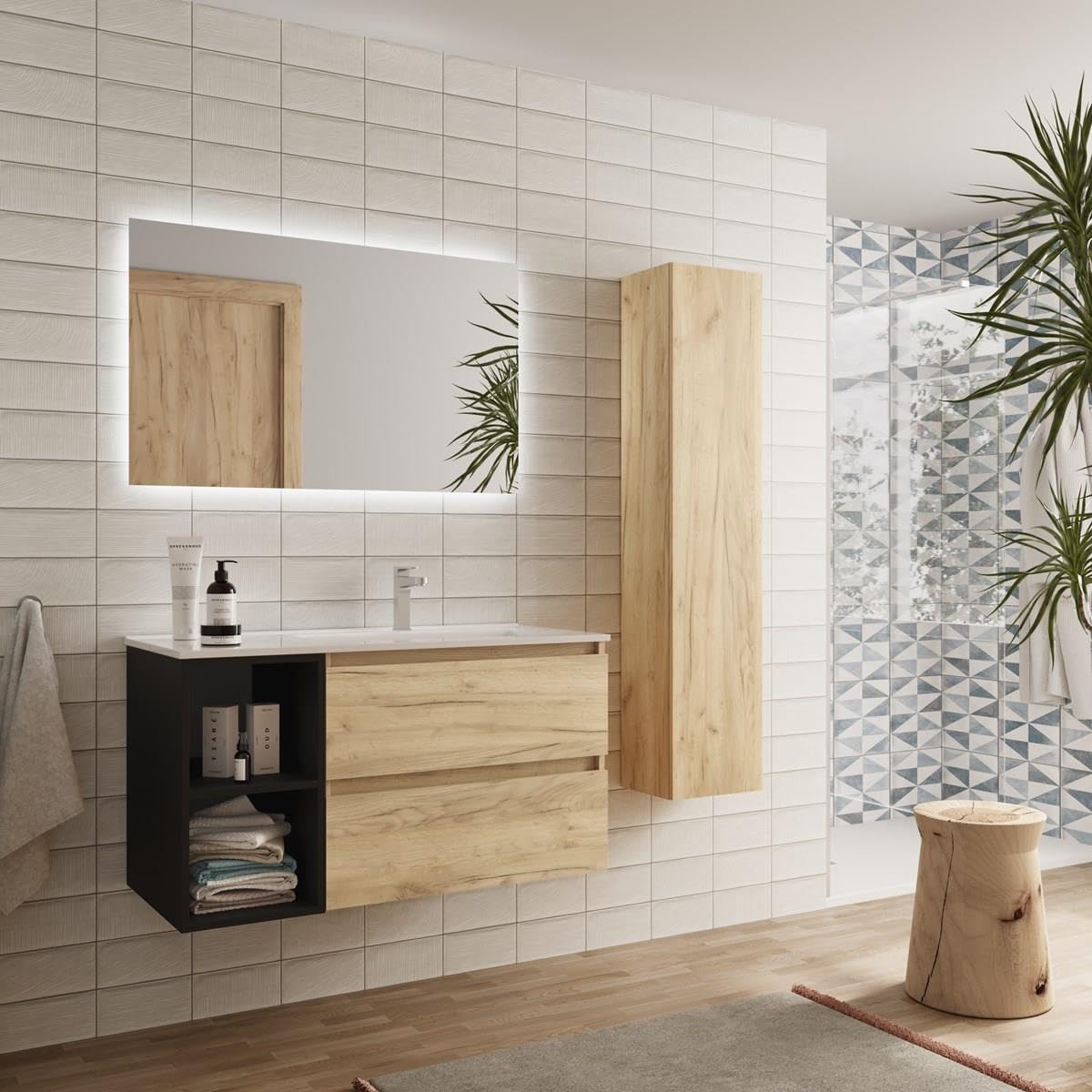 Salgar Mueble de Baño Bequia Plus 100 cm 2 cajones Roble y Coqueta Izquierda 2 Huecos Negro Mate con Lavabo Integrado