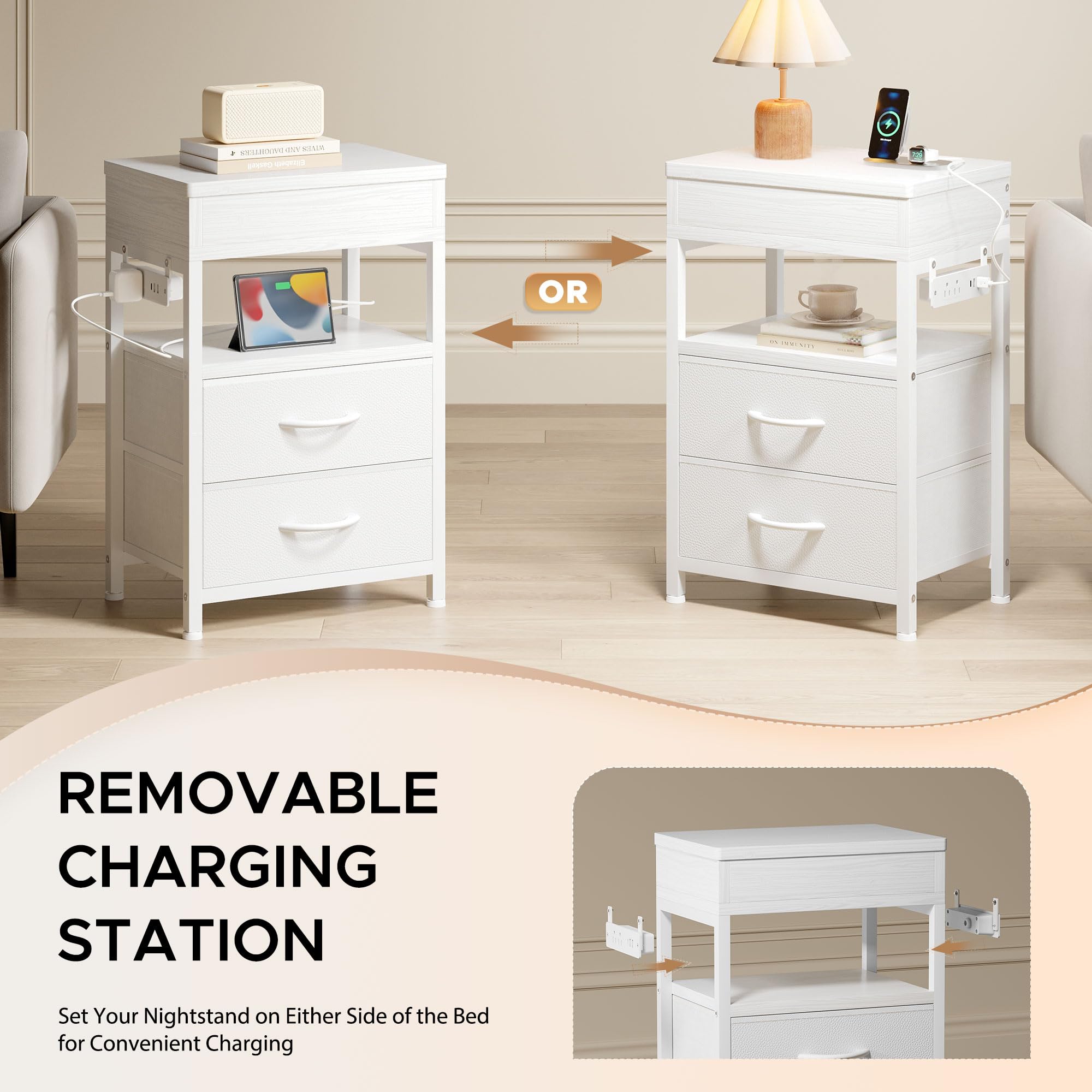 Mesita de noche con cajón oculto, mesita de noche con estación de carga y almacenamiento superior deslizante, mesa auxiliar de cama con 2 cajones de tela, mesita de noche moderna para dormitorio, sala 3