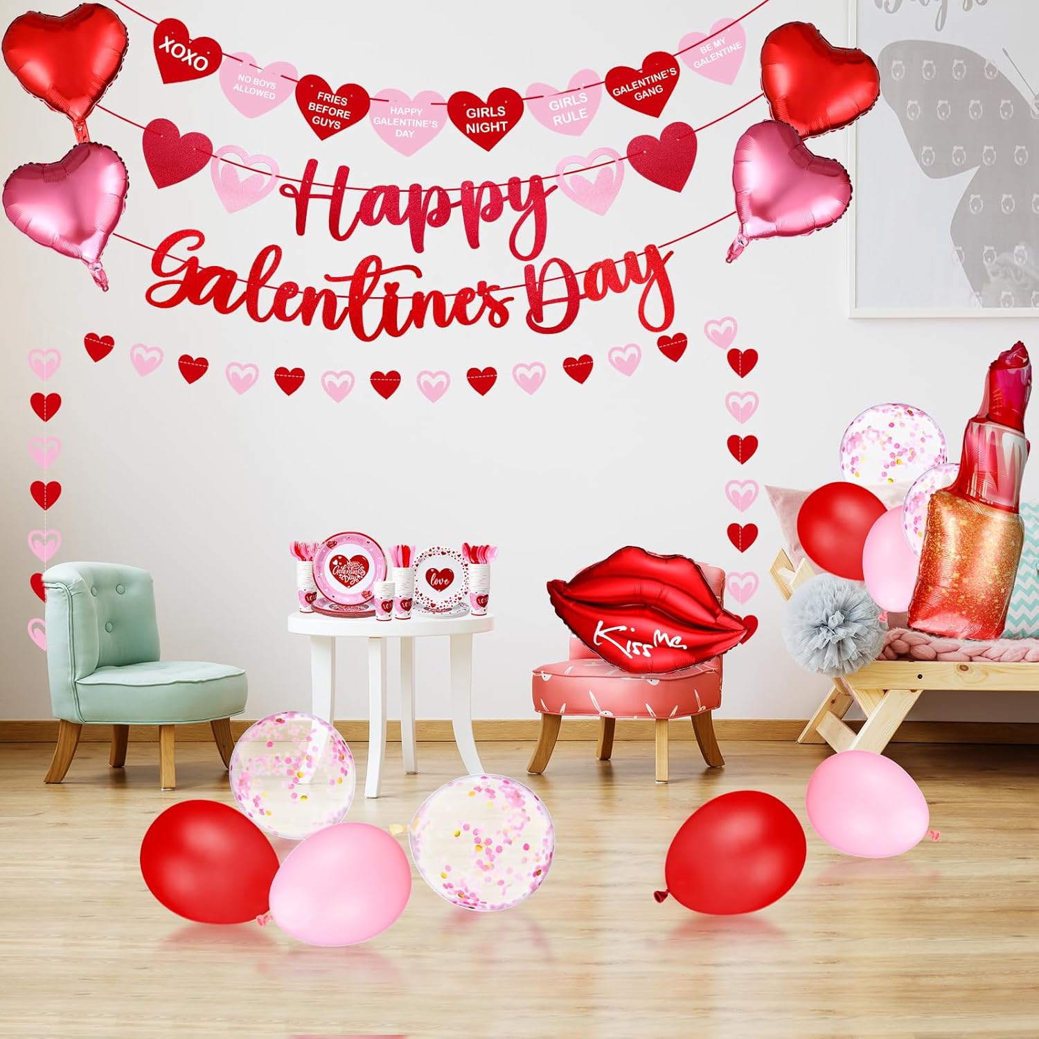 133 Pcs Happy Galentine's Day Decorations Tableware with Heart Banner Heart Lip Lipstick Foil Latex Balloons and Plates, Napkins, and Cups Dinnerware Sets for Galentine's Day Party Supplies