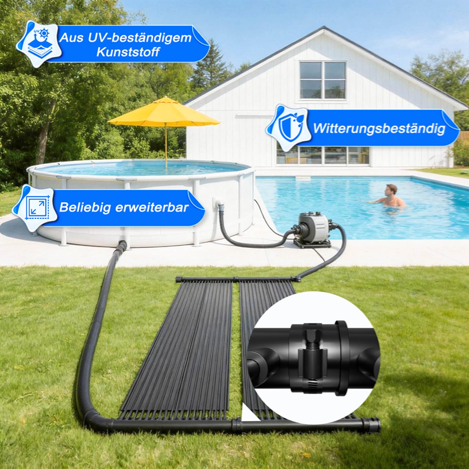 LZQ Solar Poolheizung Set 400x70 cm, Solarheizung Solarkollektor Pool Schwimmbad Solarabsorber Warmwasser mit Schlauchschellen & Rohrverbindern, modular, Heizmatte Solarmatte Sonnenkollektor