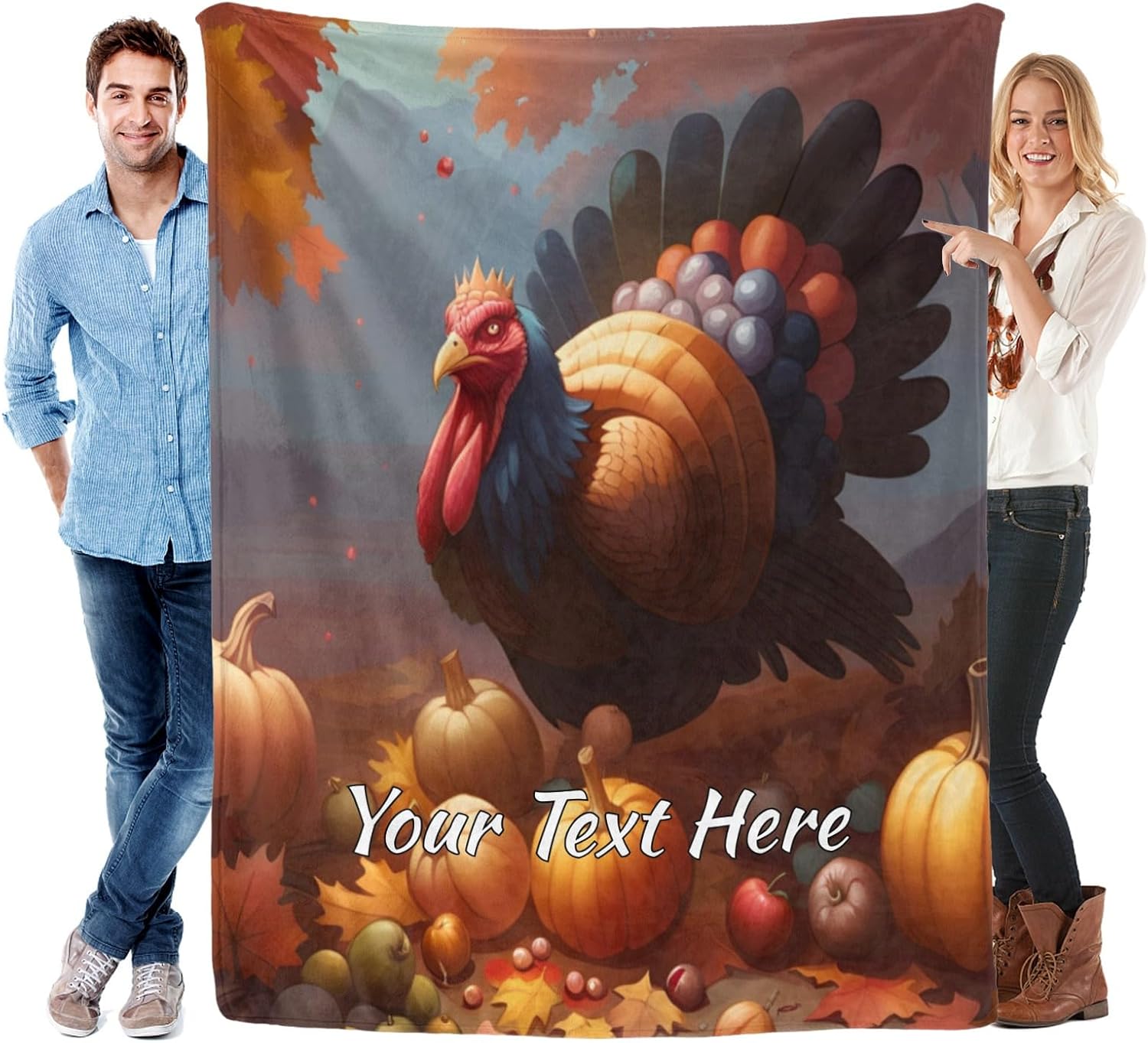 Thanksgiving Turkey Blankets and Throws, Customize Blanket with Name, Personalized Blanket Blankets for Adult Men Women, 60" x 80"