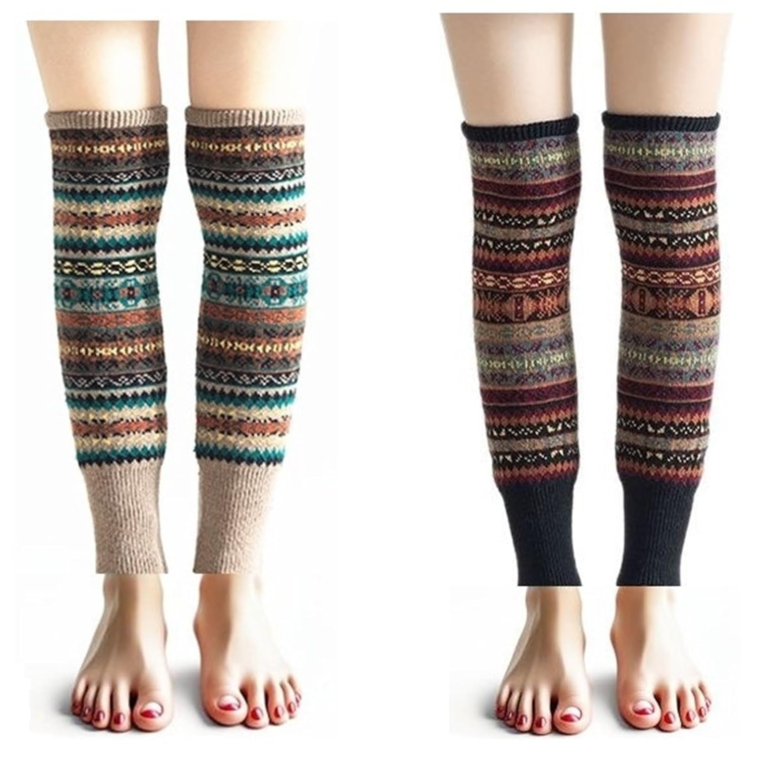 2 Pairs Leg Warmers for Women Boho Bohemian Style Cable Knitted Thicker Warm in Winter for Party Sports