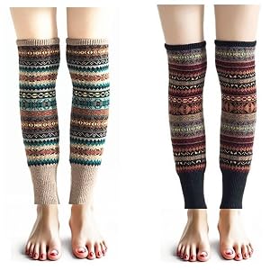 2 Pairs Leg Warmers for Women Boho Bohemian Style Cable Knitted Thicker Warm in Winter for Party Sports