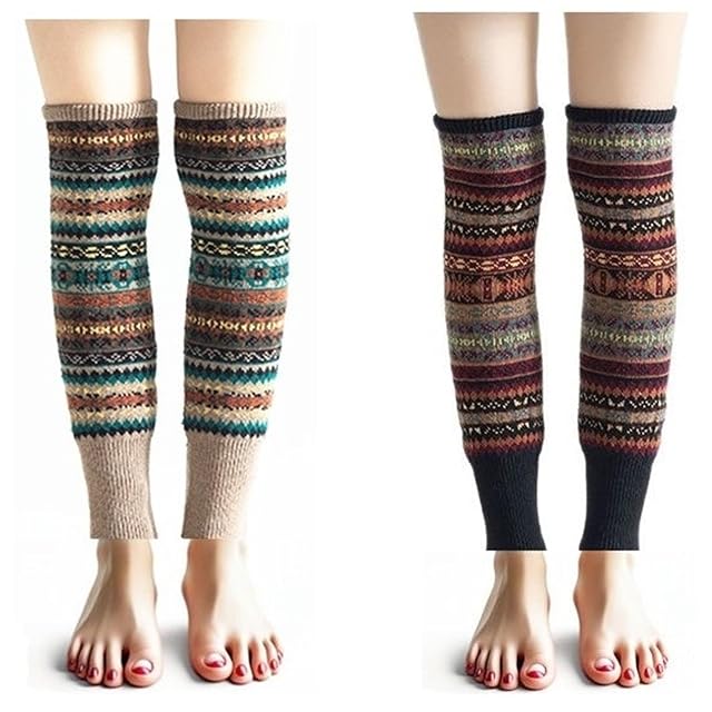 2 Pairs Leg Warmers for Women Boho Bohemian Style Cable Knitted Thicker Warm in Winter for Party Sports