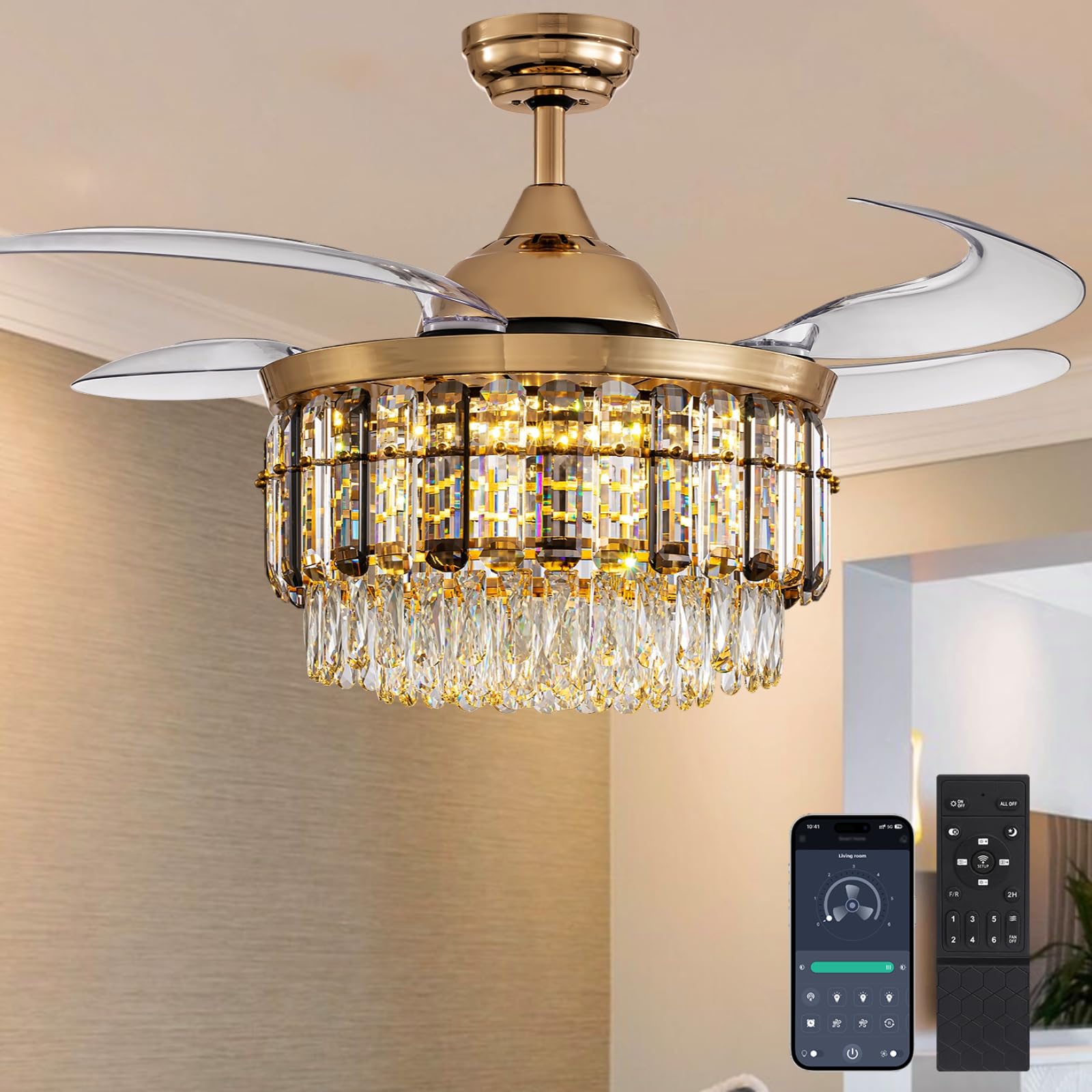 48 Crystal Ceiling Fans With Lights And Remote, Dimmable, 6 Speeds, Luxury Chandelier Fan Gold Crystal Fandelier For Dining Room Living Room Bedroom