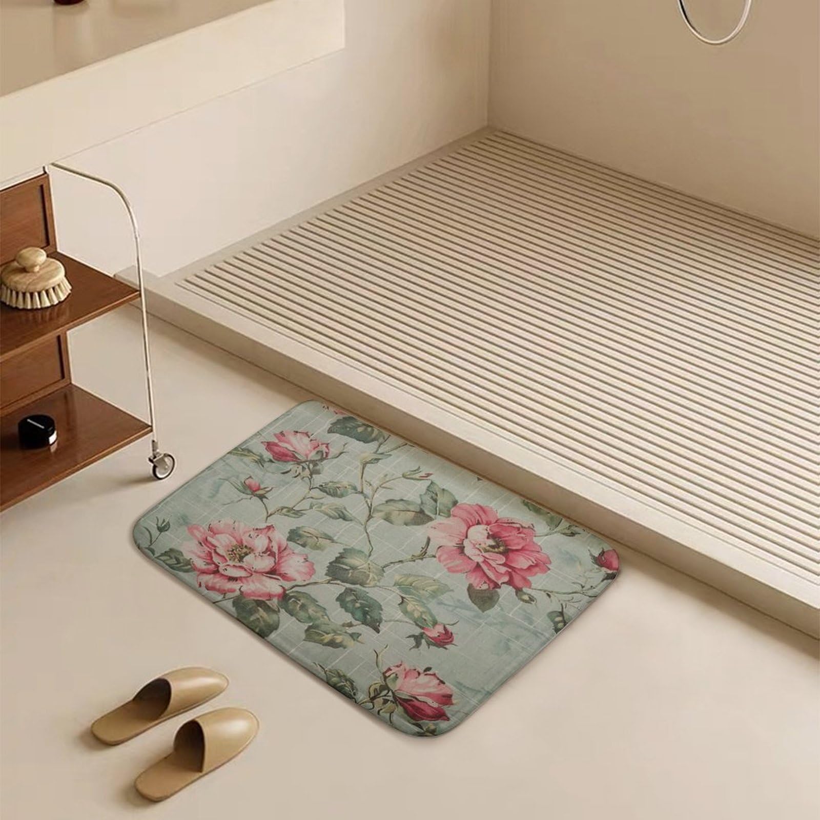 Bsheuancek Floral Bathroom Rug - Non-Slip, Washable Small Bath Mat, Soft Flower Shower Rug For Bathtub Floor (Beige) - View #5
