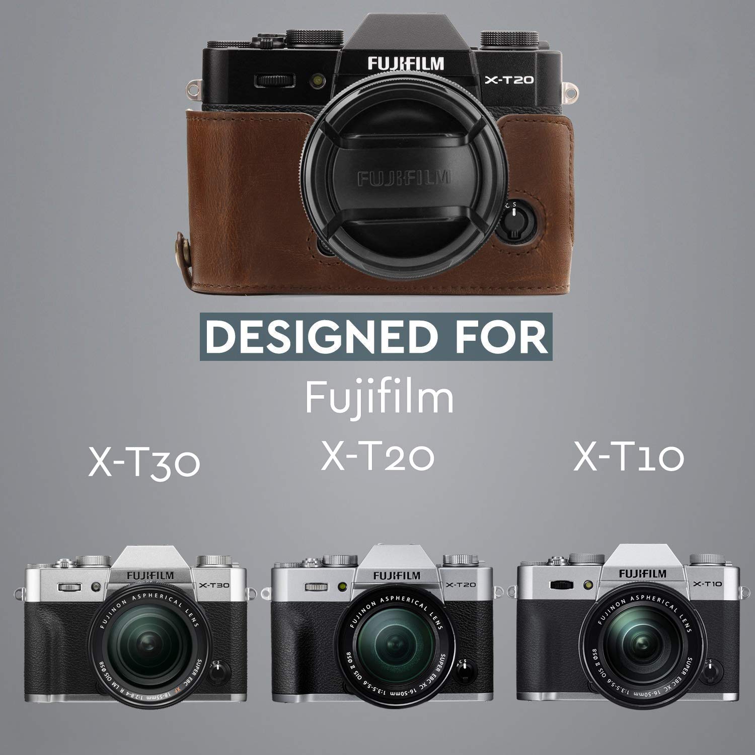 MegaGear MG958 Ever Ready skórzane etui na aparat i pasek kompatybilne z Fujifilm X-T30, X-T20, X-T10 - ciemnobrązowy