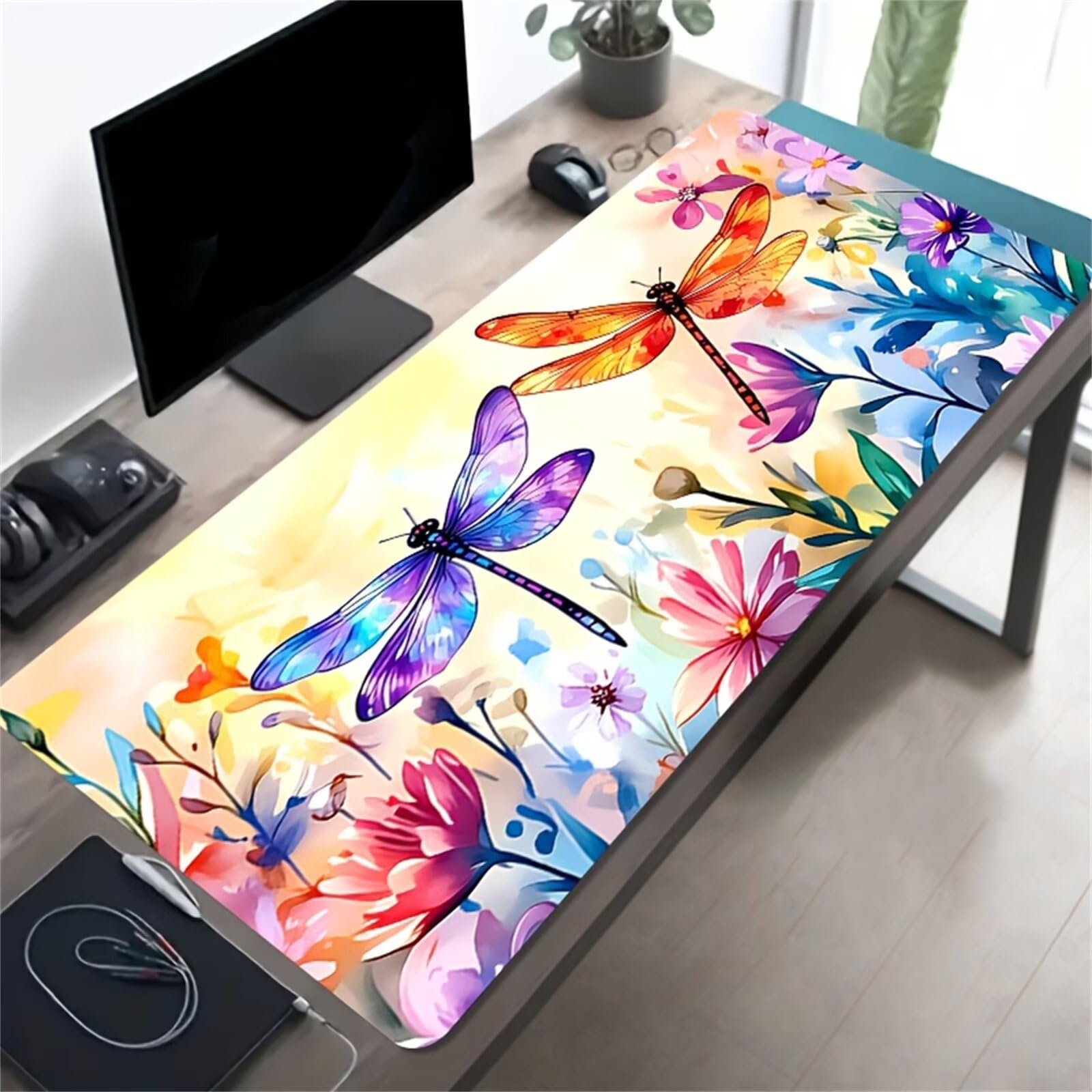 Tappetino per Mouse da Gioco XXL 1200x600x3 mm, Desk Pad Grande con Bordi Cuciti, Base in Gomma Antiscivolo, Accessorio per Ufficio e PC (Fiori Libellula)