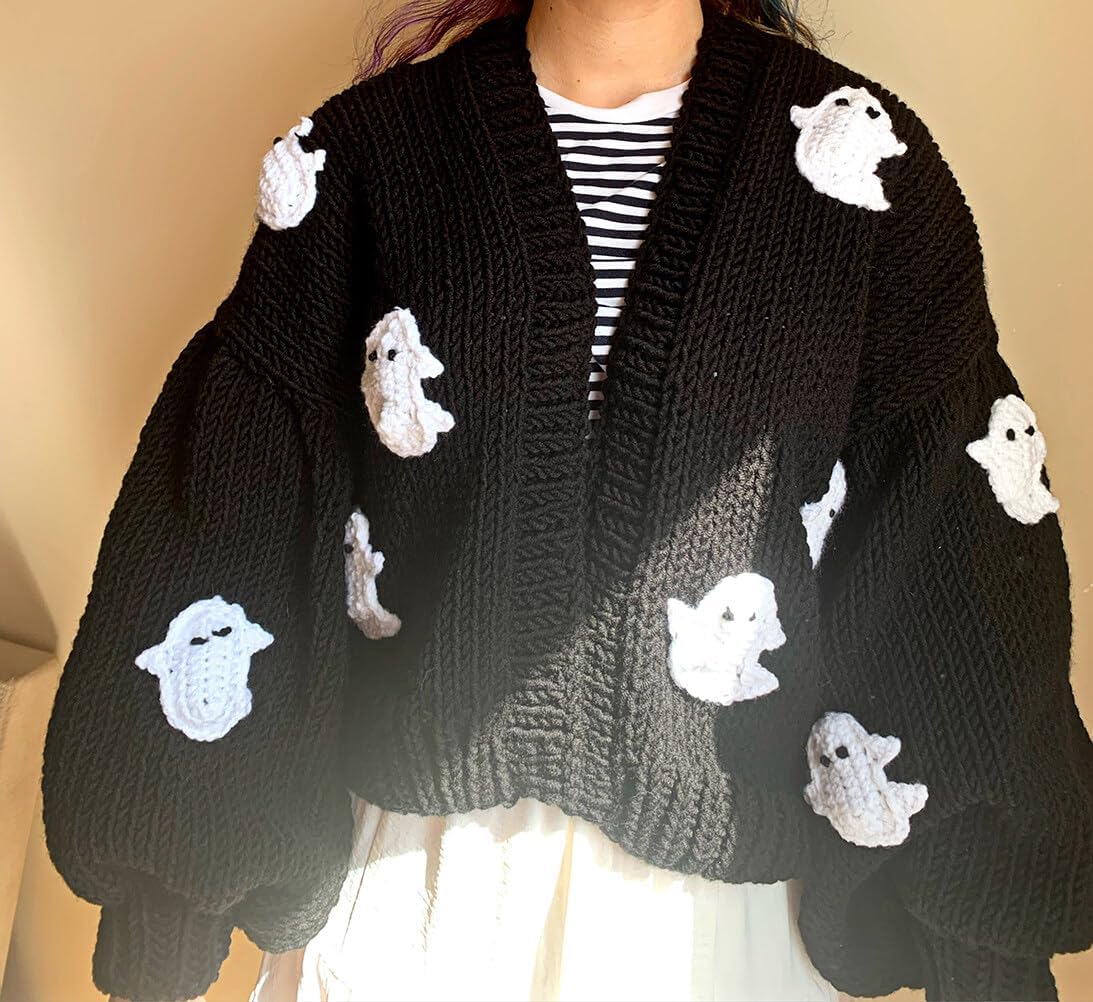 Lunoakvo Women Ghost Halloween Cropped Long Sleeve Open Front Knitt Cardigan Sweater - Image 5