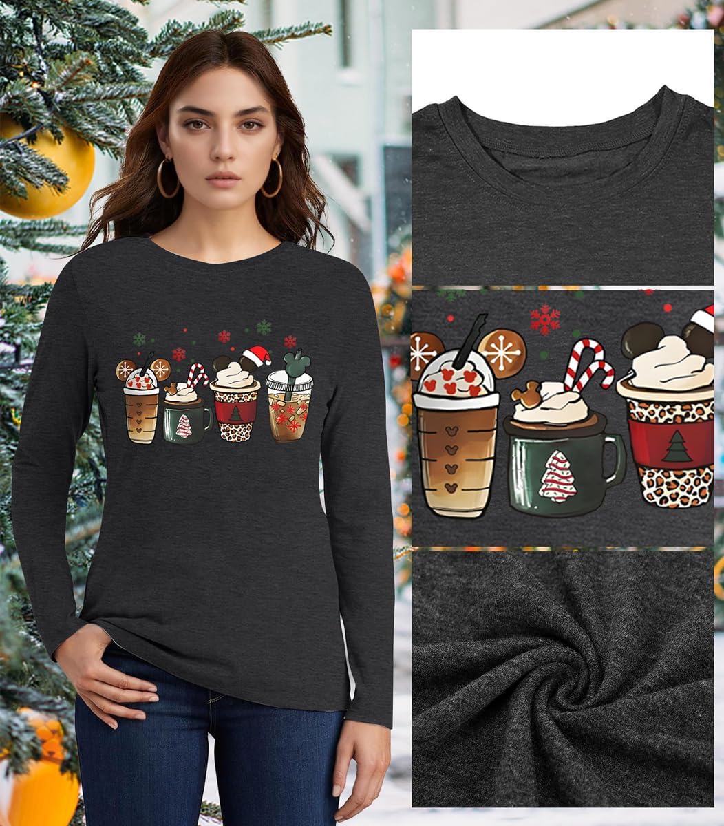 Long Sleeve Christmas Shirts for Women: Merry Christmas Tshirts Women Xmas Tree Snowman Coffee Graphic Tee Tops - Image 5