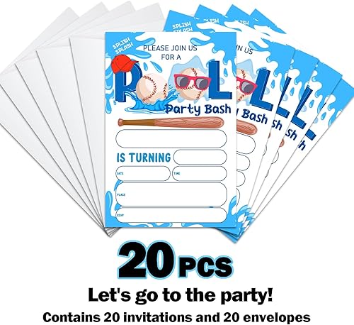 Miniatura 3 de Splish Splash Pool Invitación de fiesta de cumpleaños, tarjetas de invitación para fiestas de béisbol en la piscina para niños, niñas, niños,