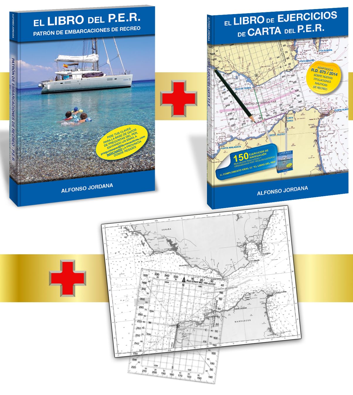 PACK PER (Incluye El Libro del PER, El Libro de Ejercicios de carta del PER, Regla de Navegación y Carta del Estrecho de Gibraltar) | Es el soporte ideal para preparar el examen del título PER