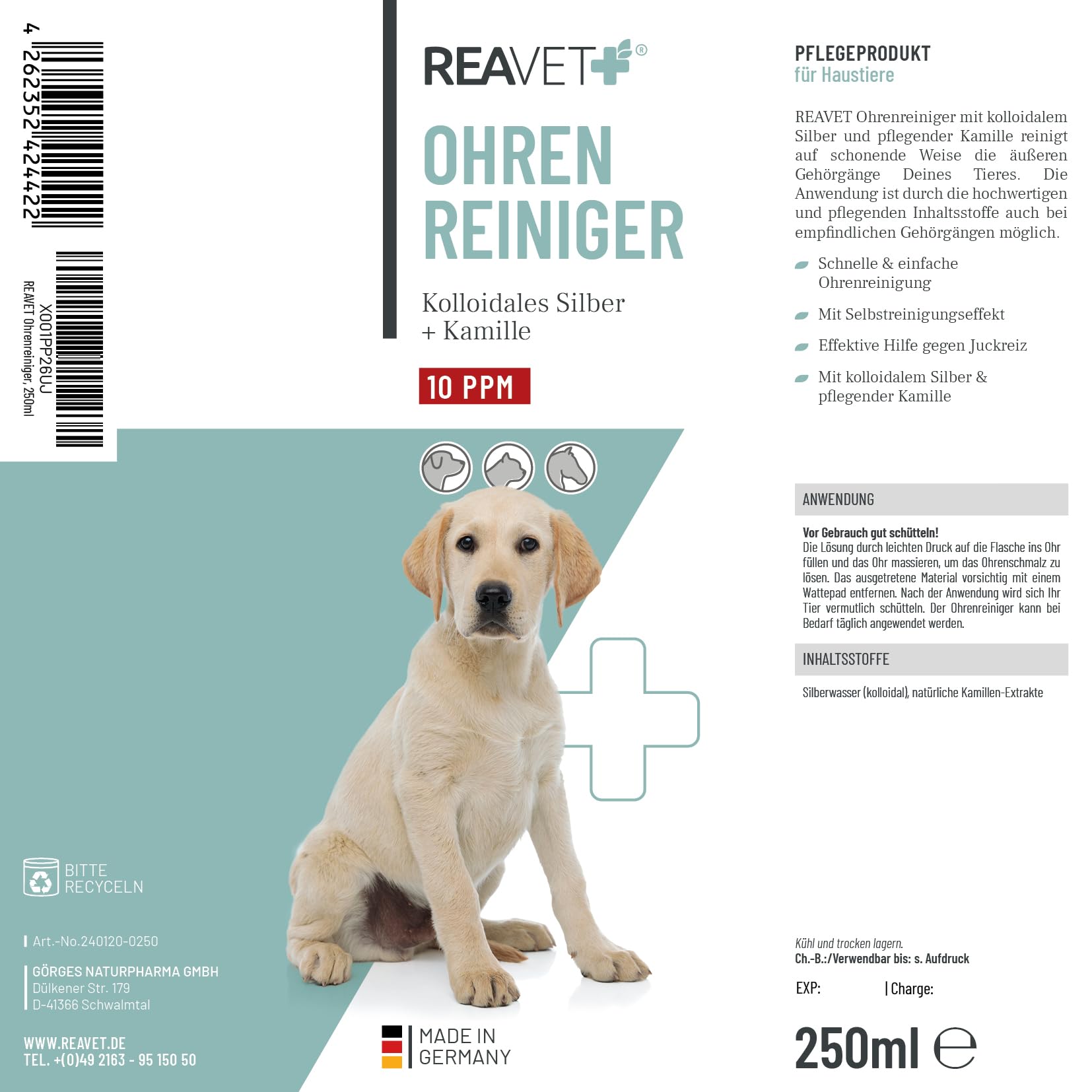 ReaVET Nettoyeur d'oreille pour Chiens et Chats 250 ML – Nettoyeur d'oreille avec Argent colloïdal + Camomille Naturelle I Moyens pour Nettoyer Les Oreilles pour Chien, Chat, Cheval