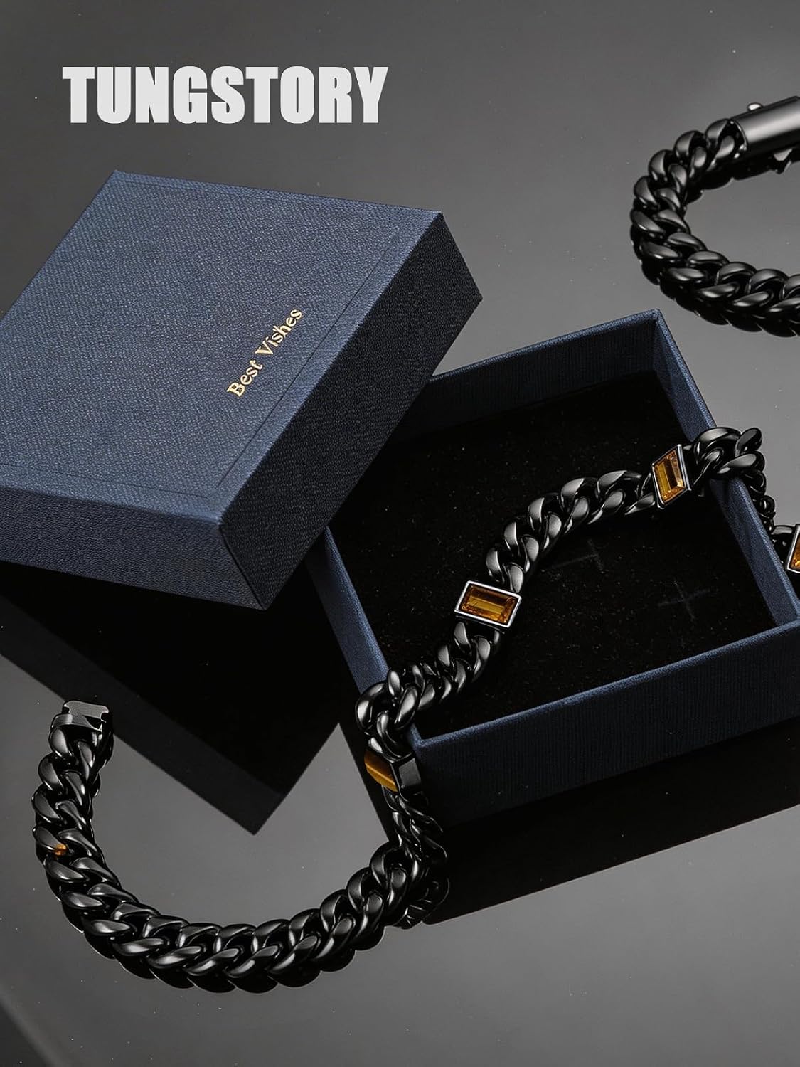 TUNGSTORY 12mm Black Cuban Link Chain for Men - Waterproof 316L Stainless Steel Tiger Eye Stone Necklace for Daily Wear & Streetwear - Hypoallergenic Protective Gemstone Jewelry Gift (22 Inch)