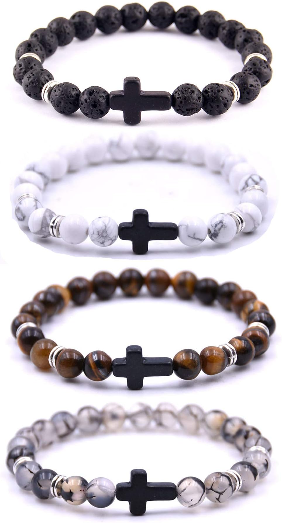 4PCS Cross Beads Bracelet for Men Women 8mm Healing Lava Stone Stretch Bracelets,7.5"