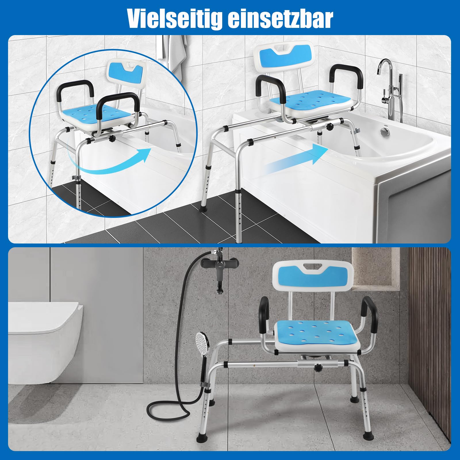 360°Drehbarer und Gleitbarer Duschhocker für Senioren,Duschhocker & Badewannen-Transferbank mit Drehsitz & Gleitfunktion-Höhenverstellbar, Gepolsterte Armlehnen & rutschfeste Füße (180 kg)