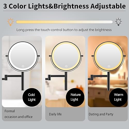 Miniatura 5 de Espejo de maquillaje montado en la pared de 8 pulgadas con asa, 3 luces de color regulables y aumento 1X10X, espejo de aumento recargable para