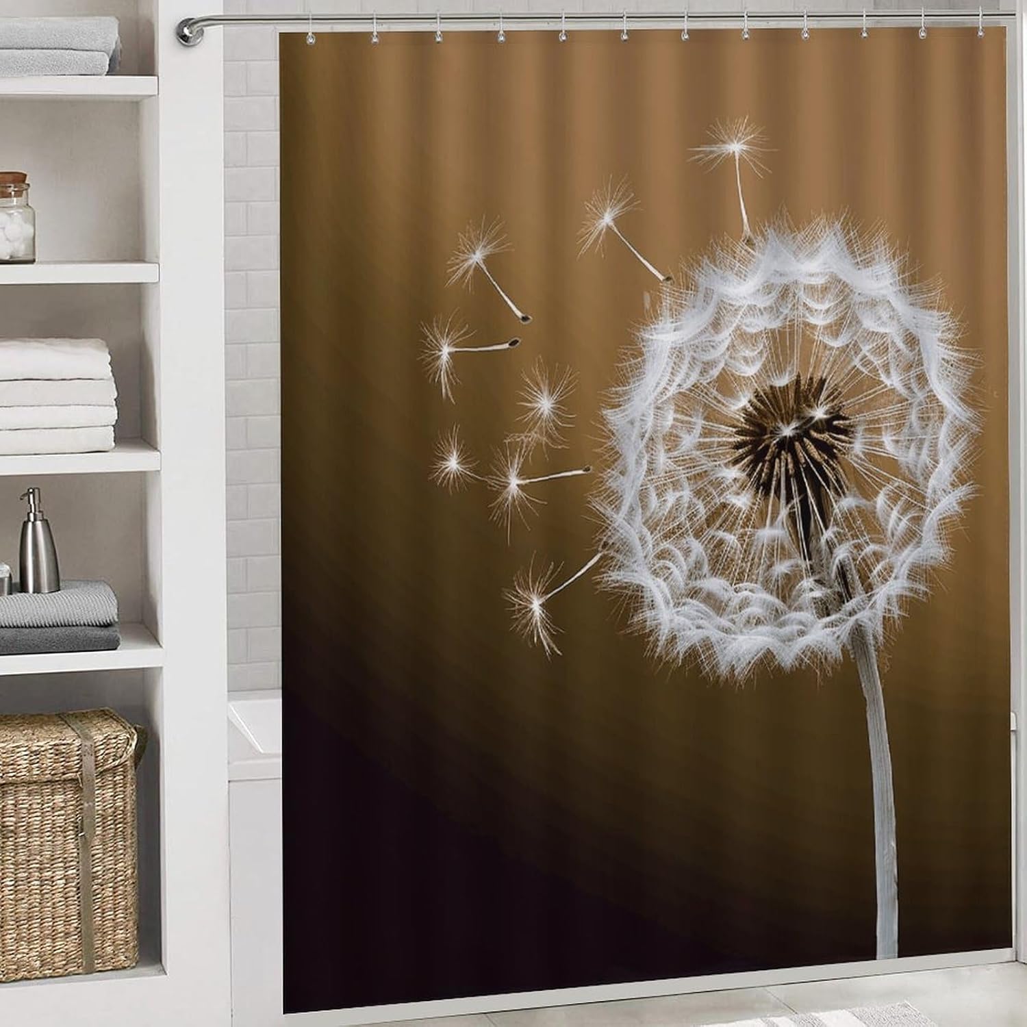 Blown Dandelion Blossom Shower Curtain Set 4 Piece, Non-Slip Bath Mat with Toilet Lid Cover and Waterproof Shower Curtain with 12 Hooks, Complete Bathroom Set for Home Decor