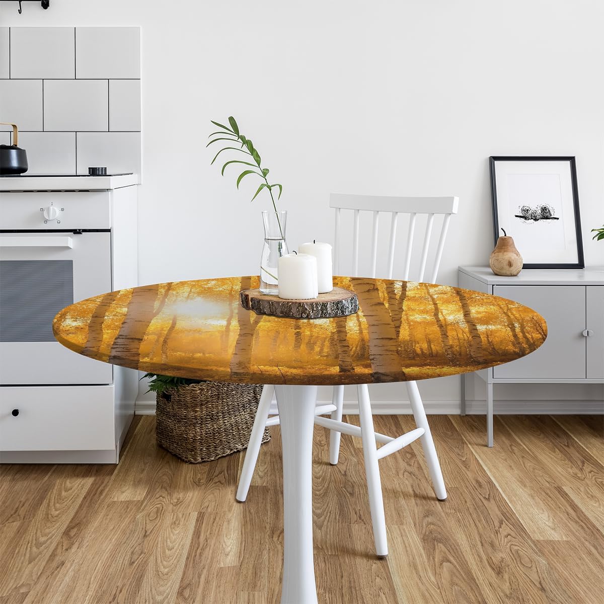 Round Tablecloth with Elastic Edge Gold Forest Fall Fitted Circle Table Cover wipeable Round Table Cloth for Indoor Outdoor Patio Dining Kitchen Decor for 45-50inch Tables