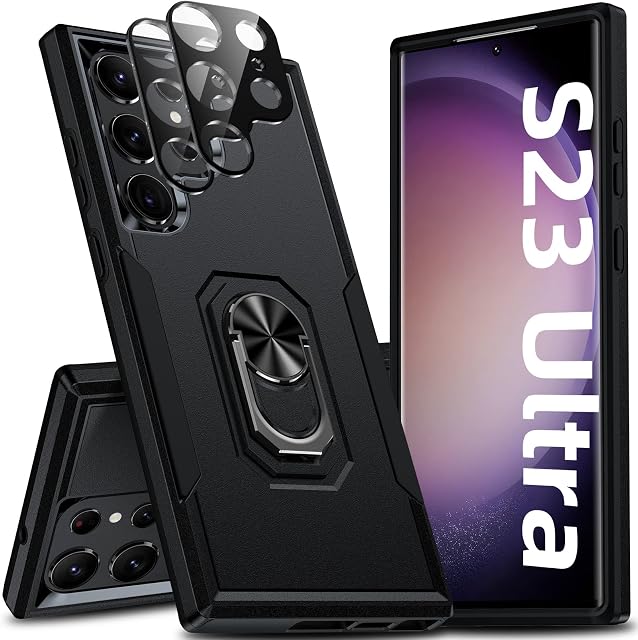 Oterkin for Samsung Galaxy S23 Ultra Case, [4 in 1] Galaxy S23 Ultra 5G Case with 2X[Lens Protectors] [360°Rotatable Kickstand Ring] Heavy Duty Shockproof Phone Case for S23 Ultra 6.8'' Black