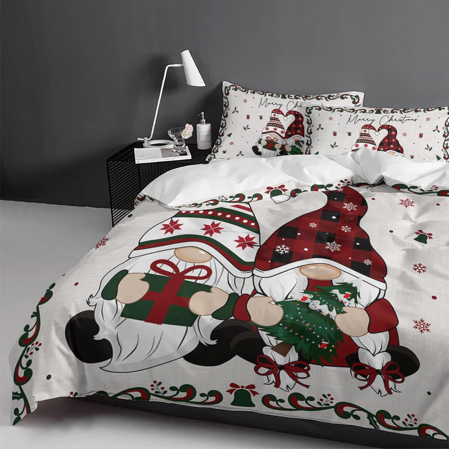 LooPoP Christmas Comforter Sets California King Size Xmas Tree Gnome Soft Bedding Duvet Cover Sets 3 Pieces Berry Snow Bedding Set with Comforter Cover and 2 Pillow Cases Bedroom Xmas Decor Gift