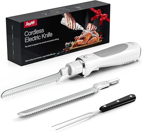 Electric Knife, Cordless Cutting Knife, Ergonomic Design with Comfortable Contoured Grip Rechargeable Easy-Slice Electric Carving Blade for Meat Slicing, Bread, Fillet, Turkey, White