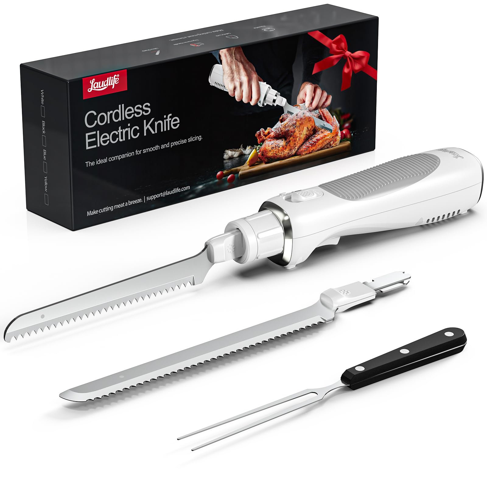 Electric Knife, Cordless Cutting Knife, Ergonomic Design with Comfortable Contoured Grip Rechargeable Easy-Slice Electric Carving Blade for Meat Slicing, Bread, Fillet, Turkey, White