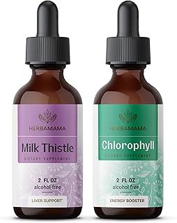HERBAMAMA Herbal Liquid Drops Kit - Bundle of Milk Thistle Extract 2 fl oz and Liquid Chlorophyll 2 fl oz - Vegan Suppleme...