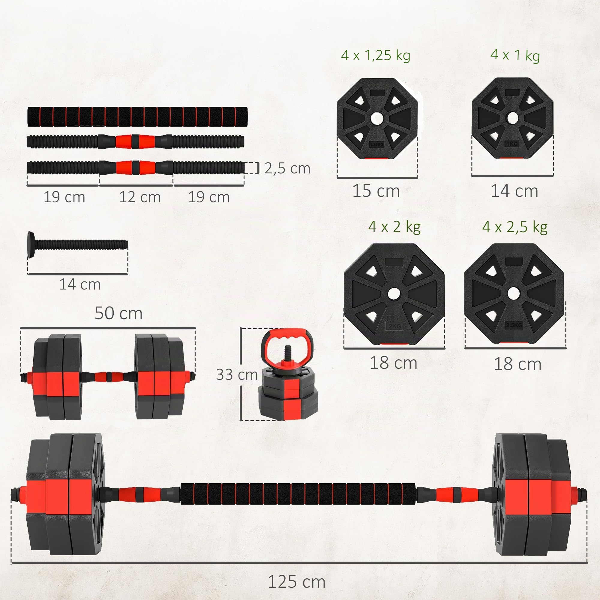 SPORTNOW 6-in-1 Hantelset Verstellbar Dumbbell mit Verbindungsrohr | Kurzhantel Set, Kurzhanteln, Langhanteln, Hanteln Set, Sternverschlüsse, Kurzhantelset, für Krafttraining Zuhause