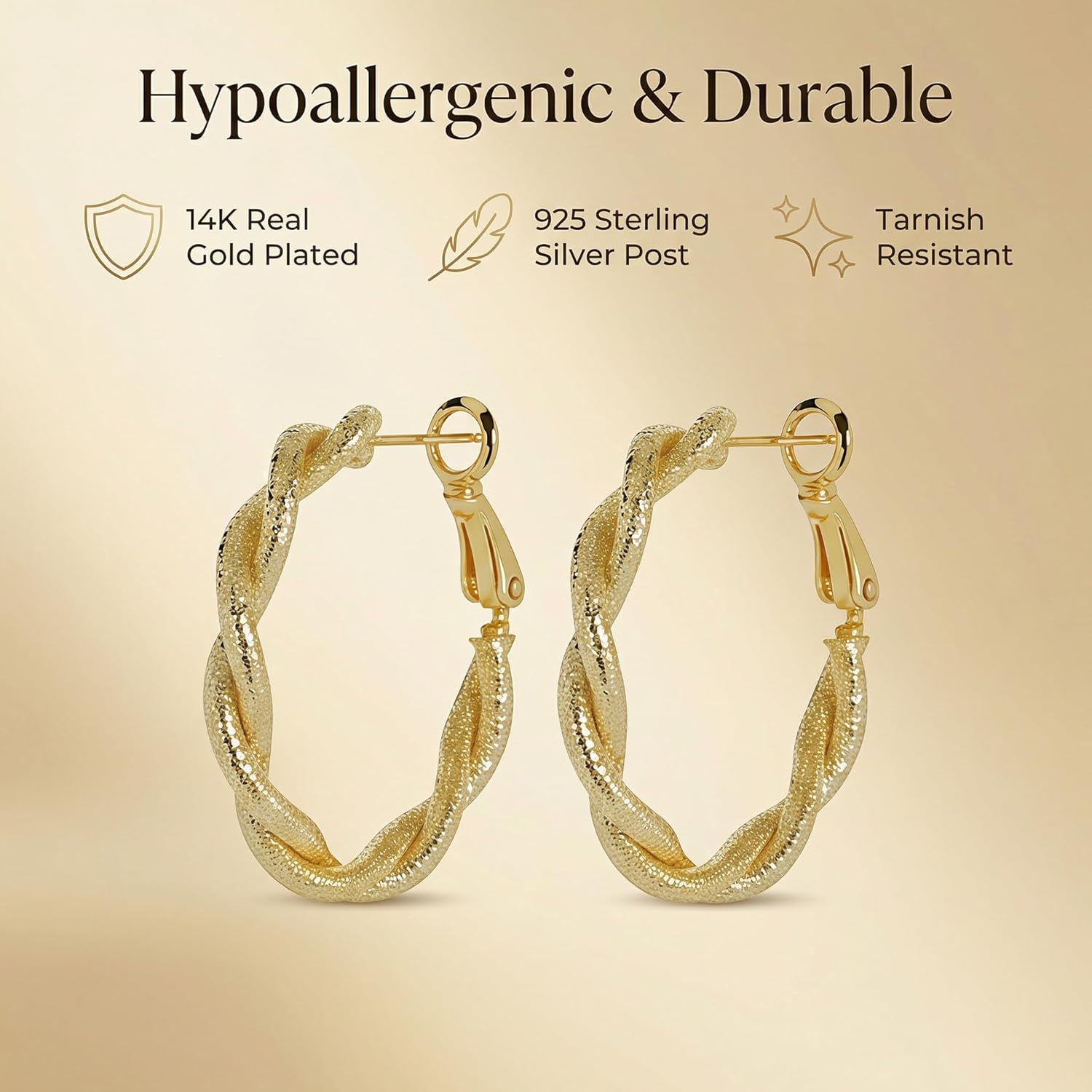 14K Gold Plated Twisted Hoop Earrings 30mm Women Chunky Matte Sparkle Hoops Hypoallergenic 925 Sterling Silver Posts Lightweight Trendy Jewelry Sensitive Ears