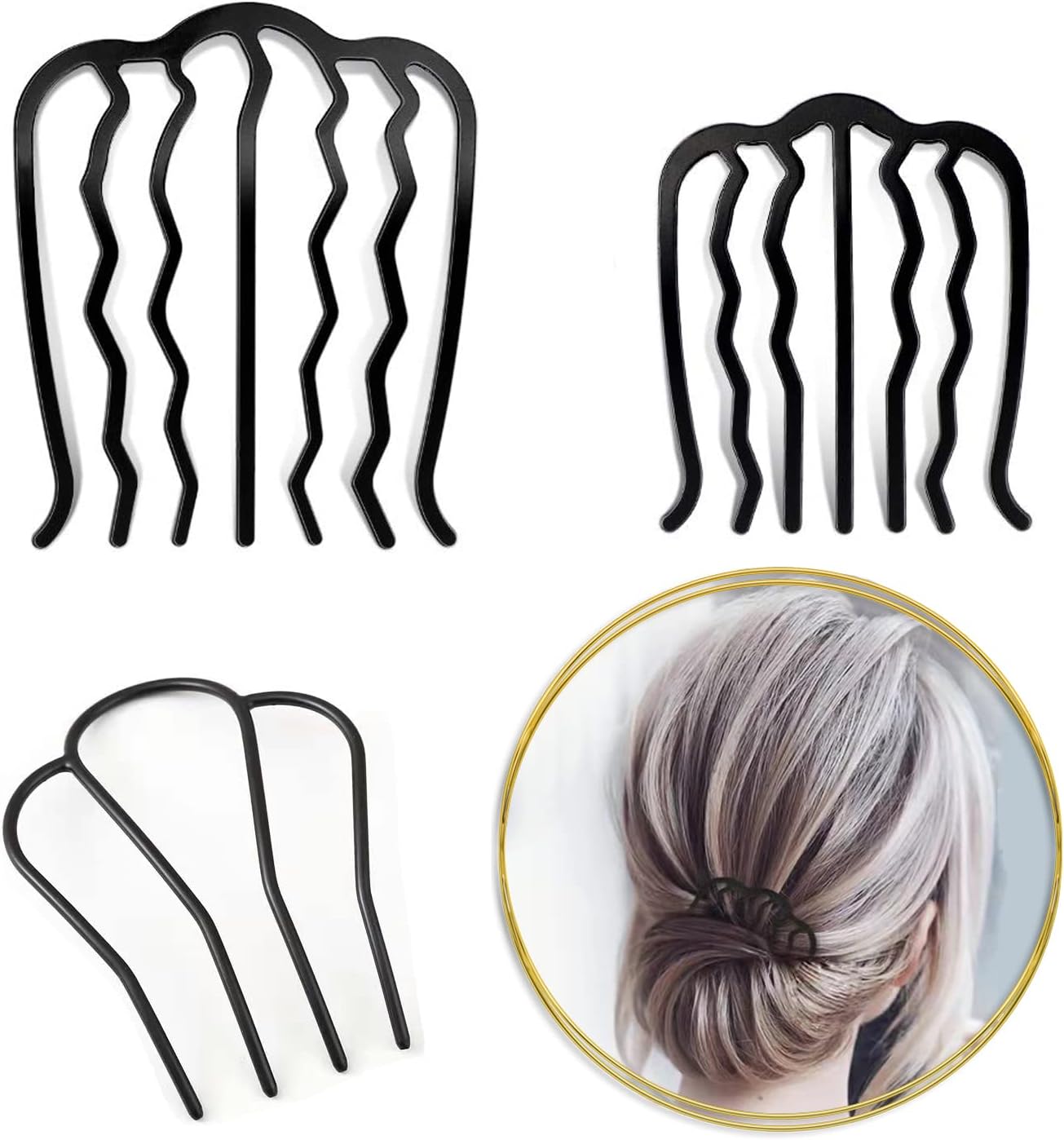 3 Piece Hair Fork Clip Vintage Hair Side Combs U Shape Teeth Alloy Paint Hair Pin Hair Clip Stick Women Hair Styling Tool Accessories, Black