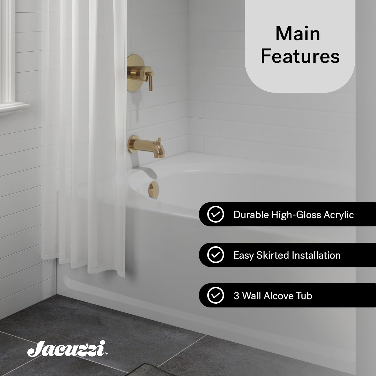 JACUZZI SIGNATURE Acrylic Skirted Soaking Bathtub, Slip Resistant, Right Drain Placement, 60” (L) x 42” (W), Oval in Rectangle Design, White