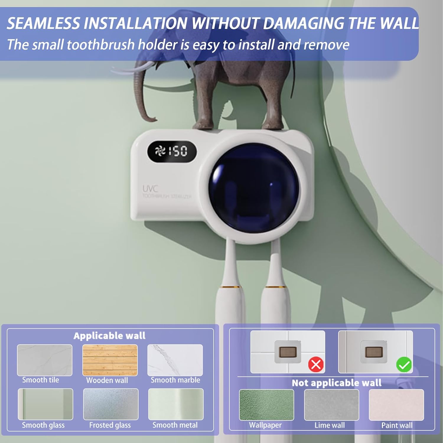 Toothbrush Holders for Bathrooms,Smart Clean and 30 Minute Air Dry, LED Smart Screen, Stylish Bathroom Accessories Wall Mounted Toothbrush Holder, Travel Toothbrush Holder (White)