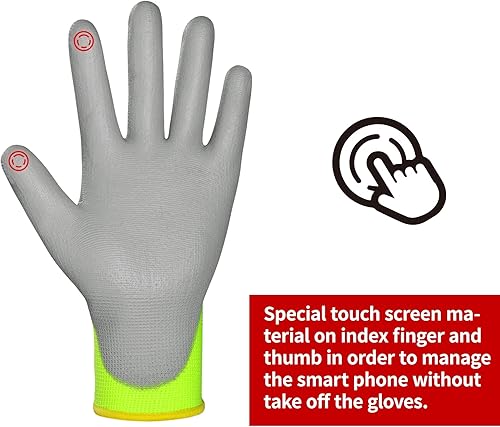 Vista 16 de Guantes de trabajo de seguridad con revestimiento de poliuretano, 12 pares, guantes de punto sin costuras azul con revestimiento de poliuretano