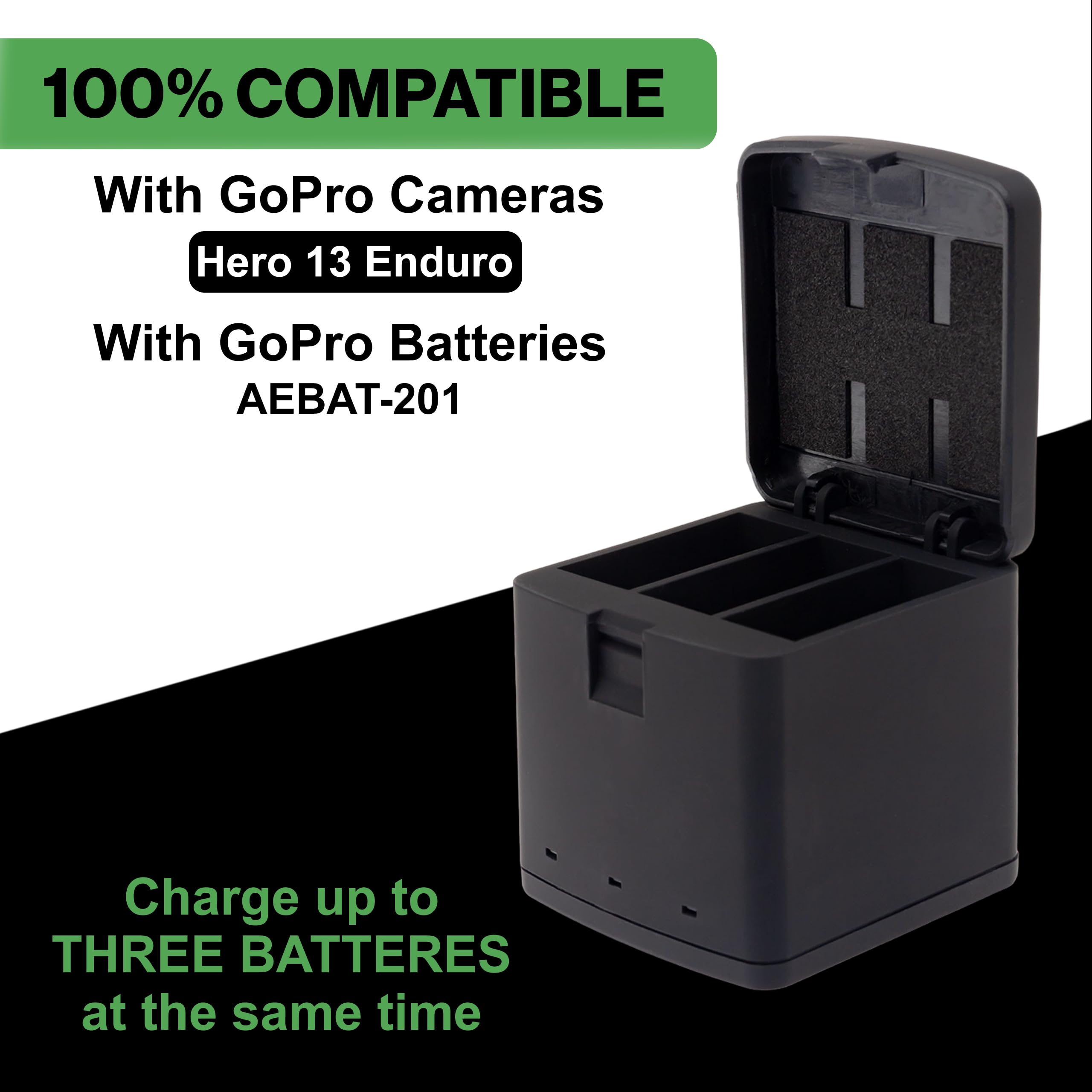 PATONA Premium Caricatore 3in1 Caricabatteria per GoPro Hero 13, AEBAT-201 | Ricarica Simultanea di 3 Batterie | Con Indicatore di Carica e Chiusura a Scatto | Compatto e Leggero | Cavo USB-C