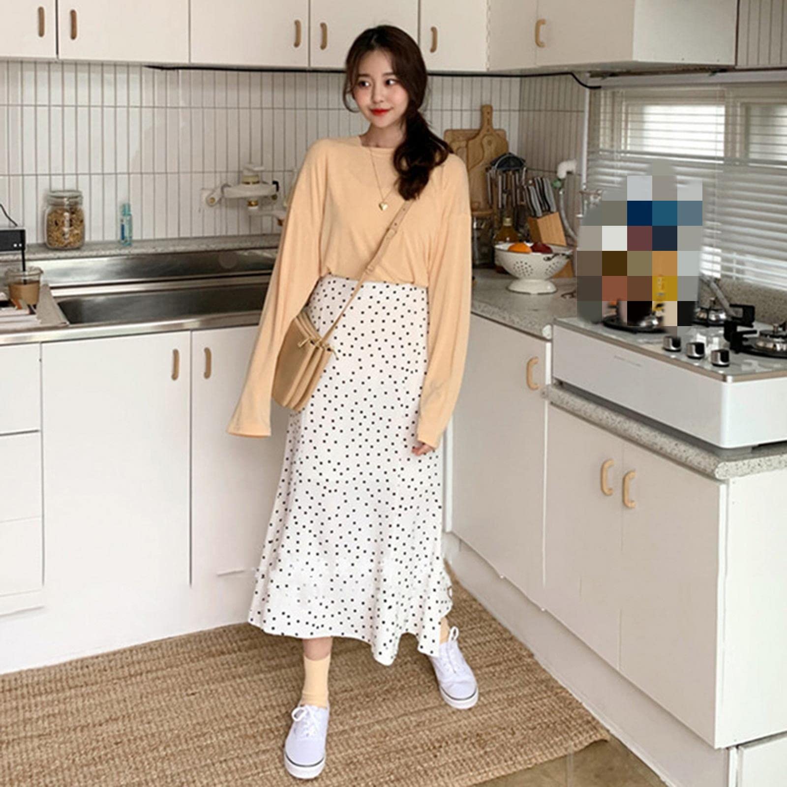 Falda larga de verano para mujer, diseño de lunares blancos y negros, cintura alta