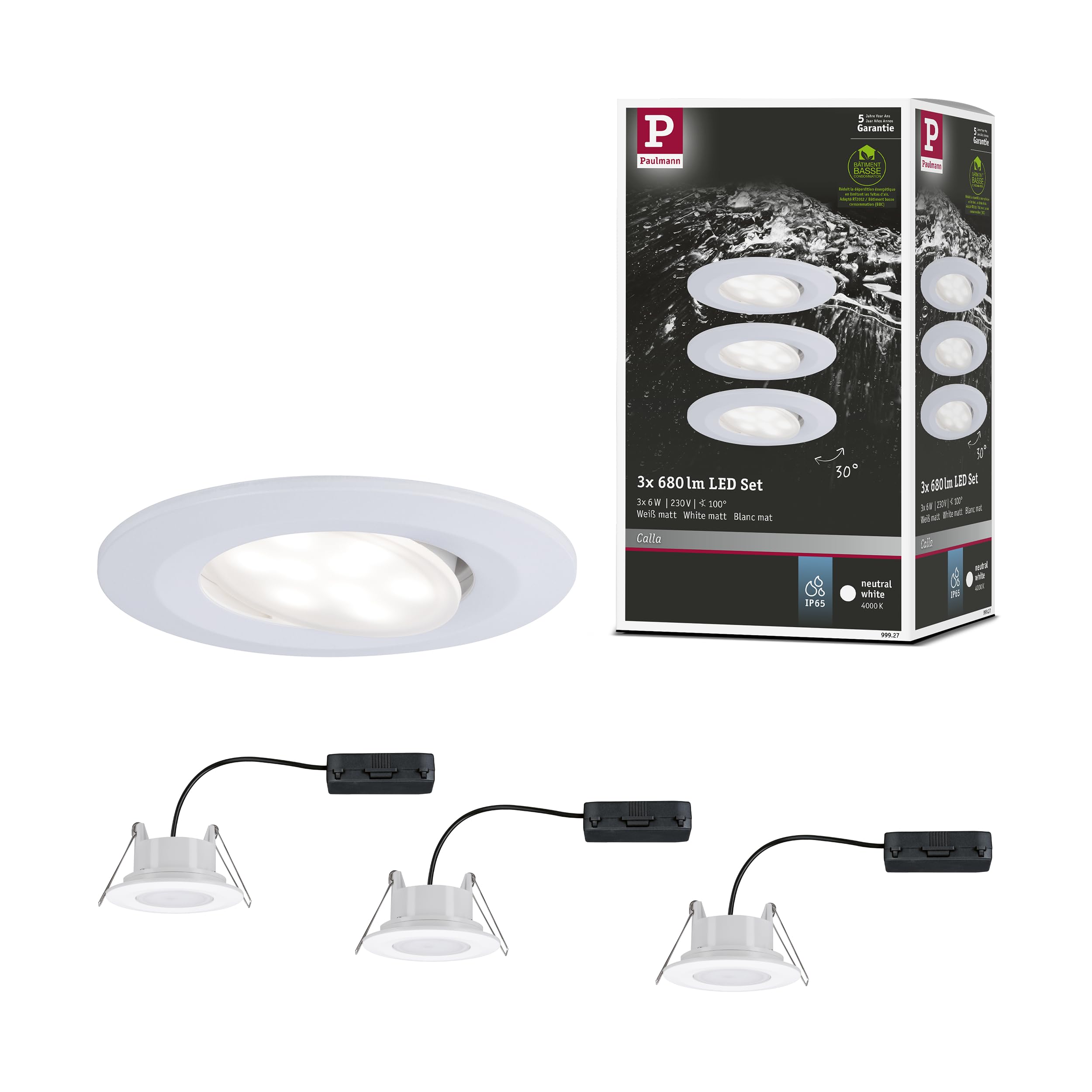 Paulmann 99927 spots enc. LED Calla rond kit de 3 incl. 3x6W IP65 gradable projecteurs enc. Blanc dépoli éclair. d'armoire plastique. lampe enc. 4000K