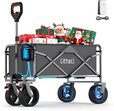 Litheli Electric Collapsible Wagon Cart Foldable, 100L Portable Folding Wagon Cart with Wheels, Outdoor Lightweight Utility Carts for Beach Grocery Camping Shopping